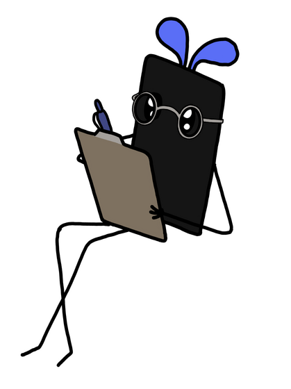 AI Therapist An illustration of a smartphone with wings sitting on an invisible box holding a clipboard and a pen and wearing glasses.